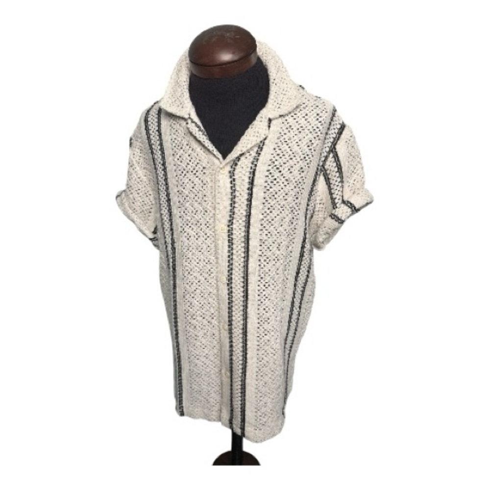 Cactus Man Cream & Black Crochet Woven Striped Resort Cabana Shirt Men's Large